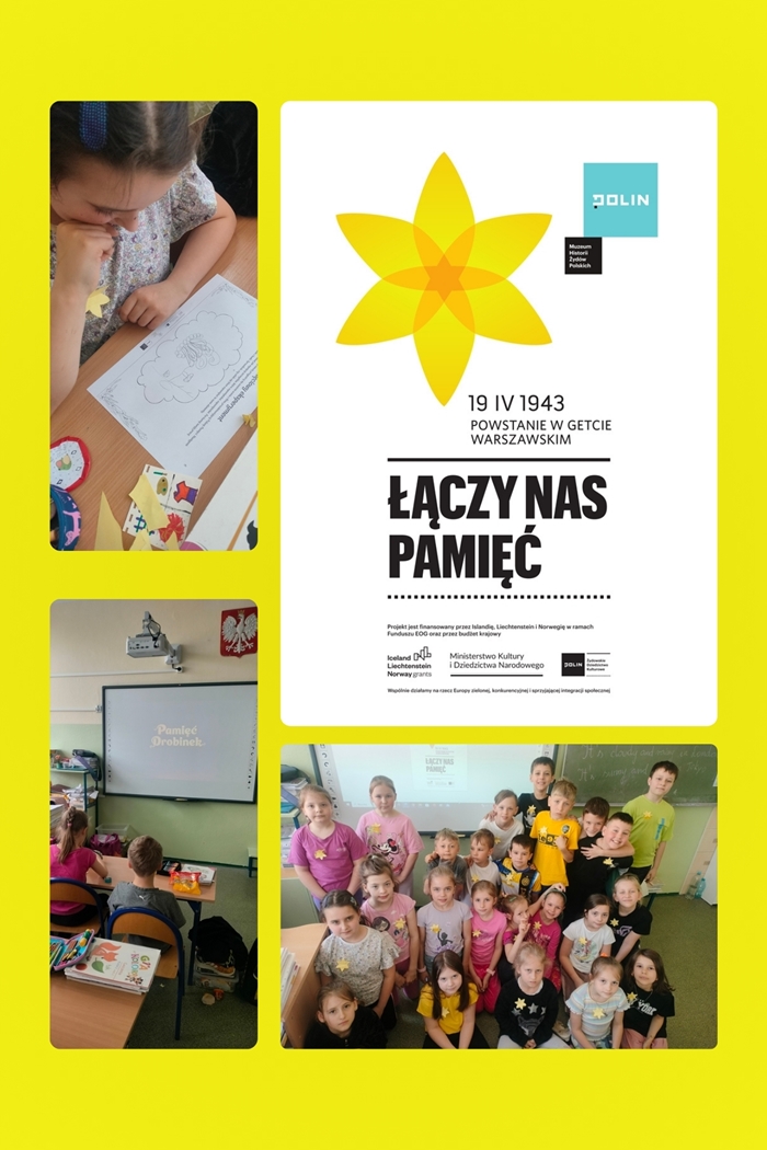 Kolaż przedstawia  zdjęcia uczniów podczas zajęć dotyczących Powstania w getcie warszawskim. Każde dziecko ma na piersi żółty żonkil - symbol zbiorowej pamięci.