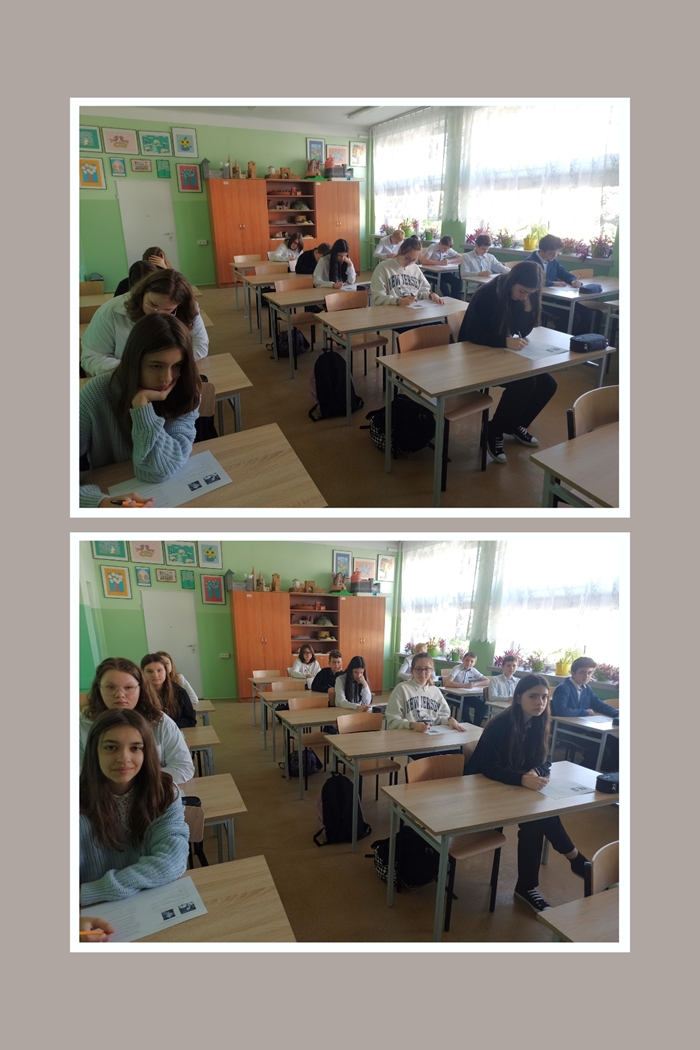 Kolaż zdjęć przedstawia uczniów biorących udział w szkolnym konkursie historycznym „Okoliczności uchwalenia Konstytucji 3 Maja”.