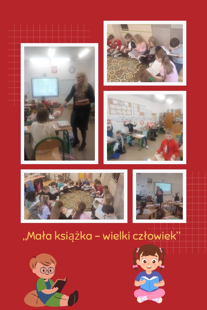 Kolaż zdjęć przedstawia  Panią Dyrektor Beatę Tomaszczuk wręczającą uczniom wyprawki czytelnicze podczas  warsztatów  „Mała książka – wielki człowiek” zorganizowanych w ramach ogólnopolskiego projektu Instytutu Książki.