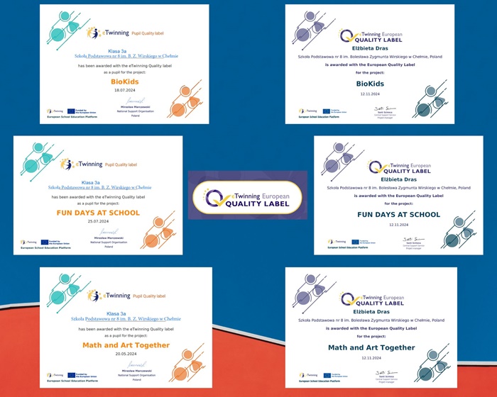 Kolaż przedstawia Europejskie Odznaki Jakości za projekty eTwinning realizowane w szkole roku szkolnym 2023/2024