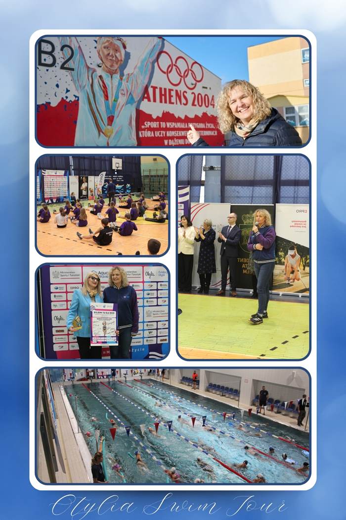 Kolaż zdjęć przedstawia Panią Dyrektor Beatę Tomaszczuk, Otylię Jędrzejczak i uczniów szkoły podczas warsztatów „Otylia Swim Tour”.