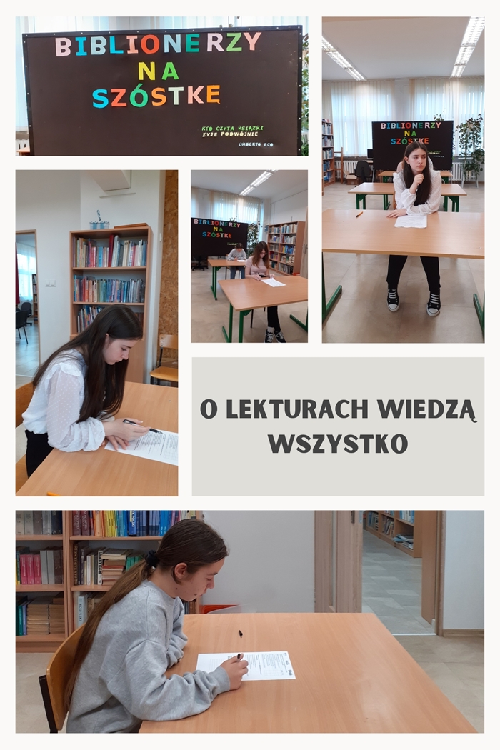 Zdjęcia przedstawiają uczniów podczas pisania konkursu dotyczącego znajomości lektur szkolnych.