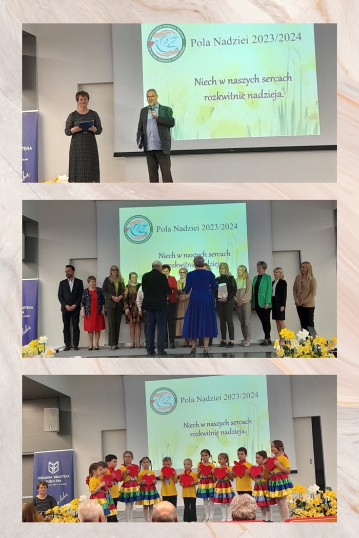 Kolaż zdjęć przedstawia laureatów i uczestników podczas podsumowania XVII edycji ogólnopolskiej akcji charytatywnej ,,Pola Nadziei’’ zorganizowanej przez Stowarzyszenie Hospicjum Domowe im. Ks. Kan. Kazimierza Malinowskiego.