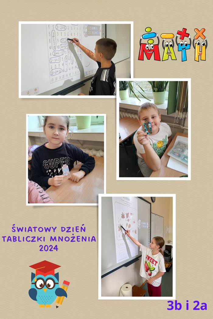 Kolaż zdjęć przedstawia uczniów klas młodszych podczas zajęć edukacyjnych zorganizowanych w ramach Światowego Dnia Tabliczki Mnożenia.