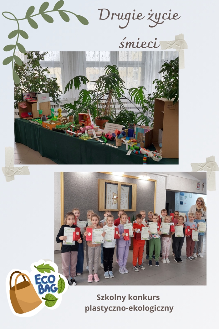 W szkolnym konkursie plastyczno- ekologicznym  „Drugie życie śmieci” uczestniczyli chętni uczniowie z klas I-III. Pierwsze zdjęcie przedstawia  prace plastyczne dzieci. Na kolejnym  zdjęciu widzimy wszystkich uczniów z pamiątkowymi dyplomami i nagrodami oraz Panią Dyrektor. 
