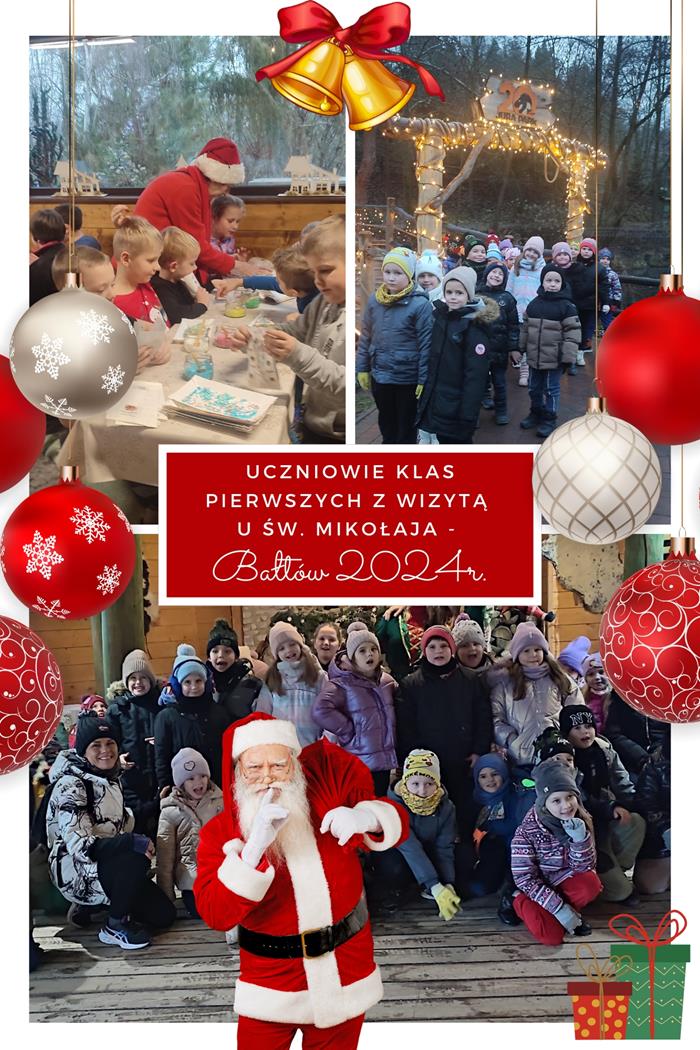 Kolaż zdjęć ukazujący uczniów klas pierwszych z wizytą u św. Mikołaja w Bałtowie. Na pierwszym zdjęciu uczniowie podczas warsztatów przygotowania i dekorowania świątecznych pierników. Na drugim ujęciu uczniowie podczas spaceru po wiosce świętego Mikołaja. Na trzecim - uczniowie pozują do zdjęcia w bajkowej scenerii rozświetlonej lampionami.