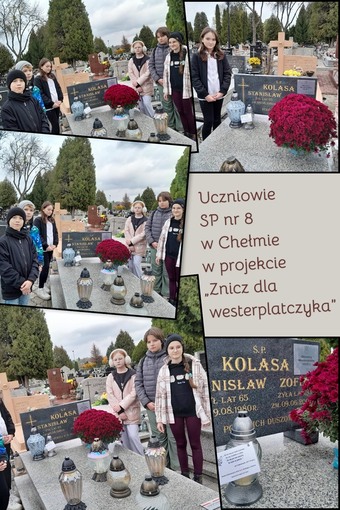 Uczniowie kultywują pamięć o zmarłych, uczestnicząc w projekcie „Znicz dla westerplatczyka”. Na zdjęciach grupka uczniów stojąca w zadumie nad grobem Stanisława Kolasy.