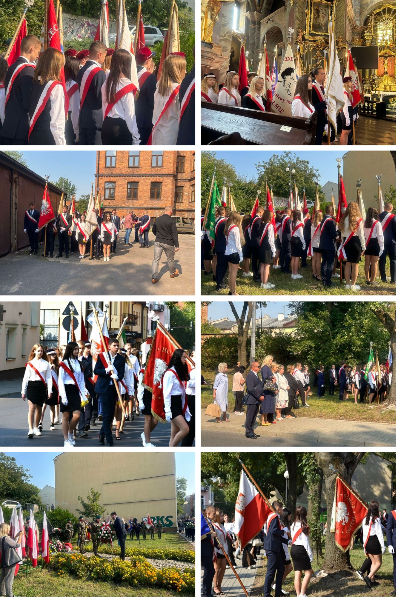 Osiem zdjęć przedstawiających obchody 85. rocznicy sowieckiej agresji na Polskę i Dnia Sybiraka w Chełmie. Na większości z nich widoczne są Poczty Sztandarowe szkół, a na pozostałych zdjęciach uczestnicy obchodów oraz moment przekazania wieńca przez dwóch żołnierzy na ręce Prezydenta Miasta Chełm.