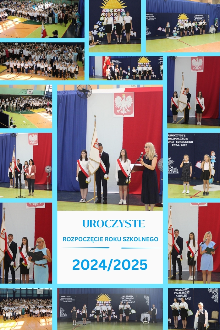 Fotografie przedstawiają społeczność Szkoły Podstawowej nr 8 im. Zygmunta Wirskiego w Chełmie podczas uroczystego rozpoczęcia roku szkolnego 2024/2025, które odbyło się w sali gimnastycznej. Na zdjęciach osoby przemawiające, poczet szkoły oraz uczniowie biorący udział w montażu słowno-muzycznym na tle okolicznościowej dekoracji.