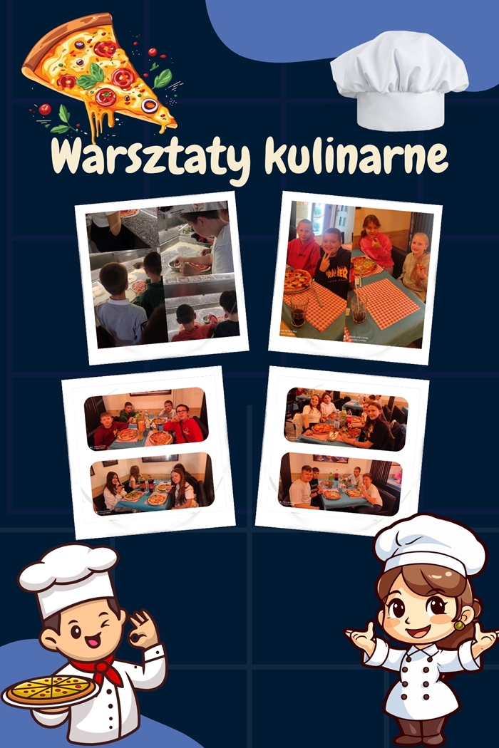 W Dniu Chłopaka klasa VI c wybrała się do pizzerii na warsztaty kulinarne. Uczniowie sami przygotowywali pizze, które później ze smakiem zjedli. Na przedstawionych zdjęciach widać grupkę dzieci przygotowujących pizzę oraz zadowolonych uczniów przy stolikach z upieczonym już ciastem chlebowym pokrytym różnymi składnikami.