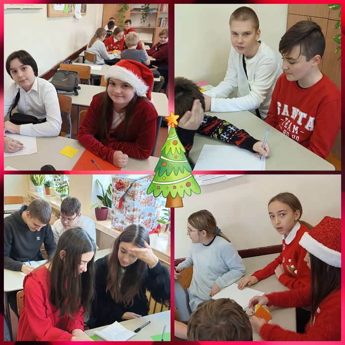 Kolaż zdjęć ukazujący uczniów Szkoły Podstawowej nr 8 im. B. Z. Wirskiego w Chełmie podczas warsztatów  poezji świątecznej. Uczniowie  w grupach lub parach siedzą przy ławkach i tworzą wiersze w ramach przygotowań do obchodów świąt Bożego Narodzenia.