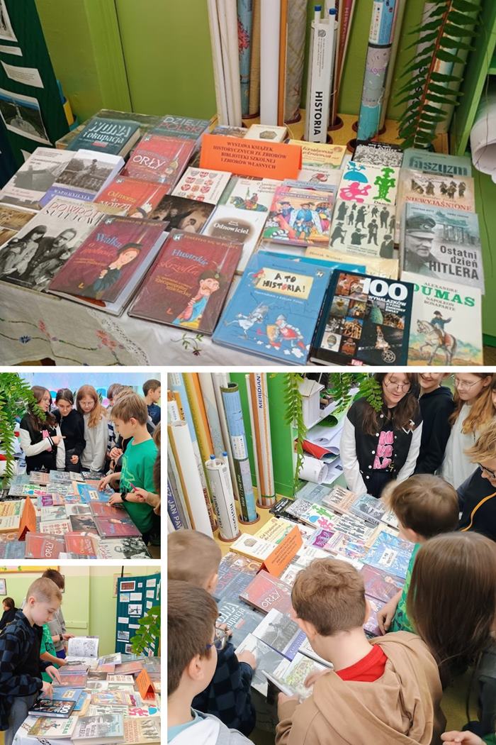 Kolaż zdjęć ukazujący uczniów przy zbiorach biblioteki szkolnej o tematyce historycznej. 