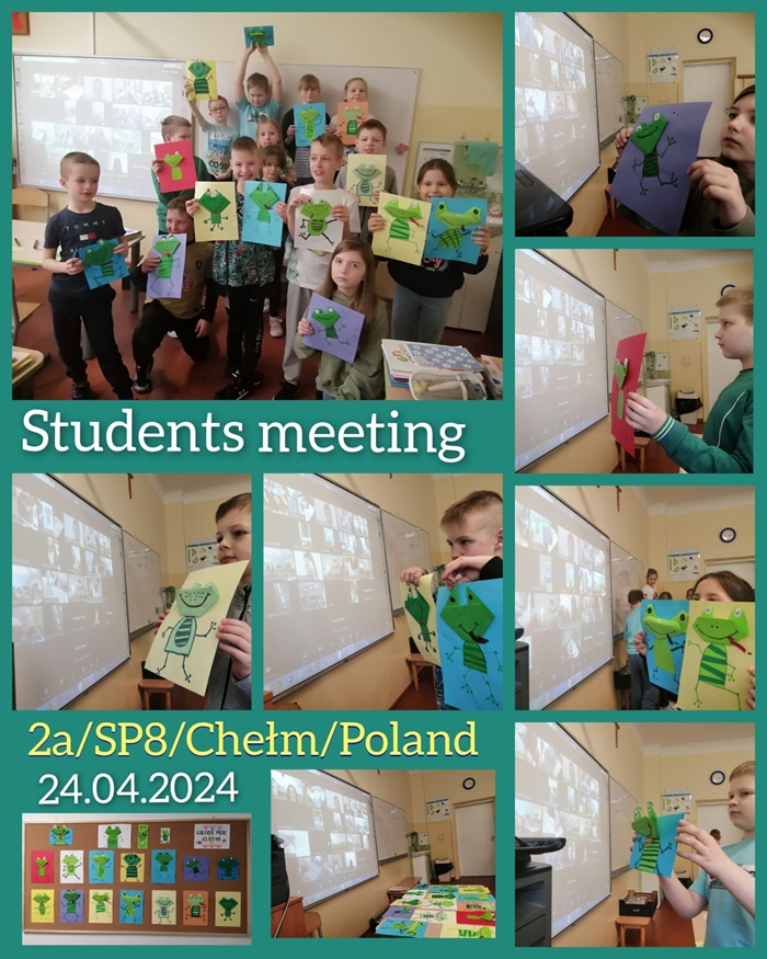 Relacja fotograficzna ze spotkania międzynarodowego w ramach Światowego Dnia Szczęścia. Na zdjęciach uczniowie prezentują swoje prace wykonane techniką origami.