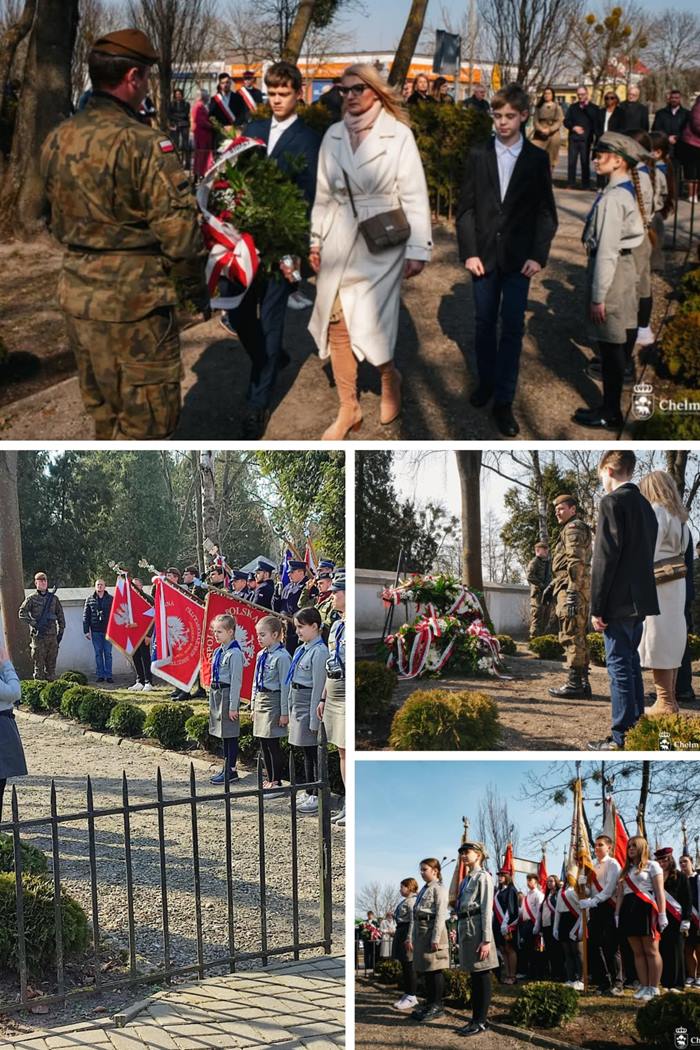 Kolaż zdjęć przedstawiający obchody 81. rocznicy egzekucji na Targowicy w Chełmie. Uczniowie Szkoły Podstawowej nr 8 wraz z Dyrektorką Beatą Tomaszczuk składają wieniec pod pomnikiem. Na jednym ze zdjęć widoczny jest Poczet Sztandarowy szkoły. W tle obecni są przedstawiciele władz, instytucji i służb mundurowych. Wartę honorową pełnią członkowie 10 Gromady Zuchowej „Białe Niedźwiadki”.