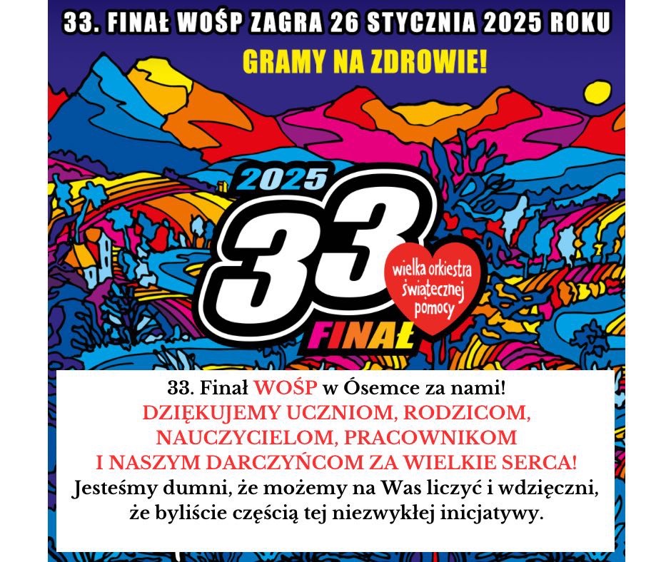 Podziękowania za udział społeczności szkolnej w 33. Finale “Wielkiej Orkiestry Świątecznej Pomocy”.