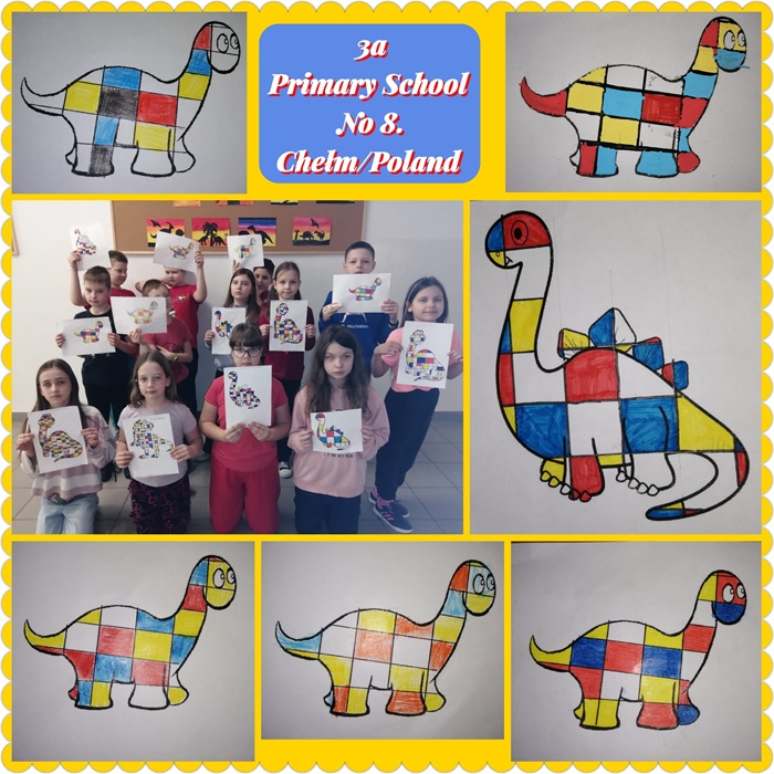 Klasa 3a i wykonanych przez nich kolorowanki z dinozaurami.