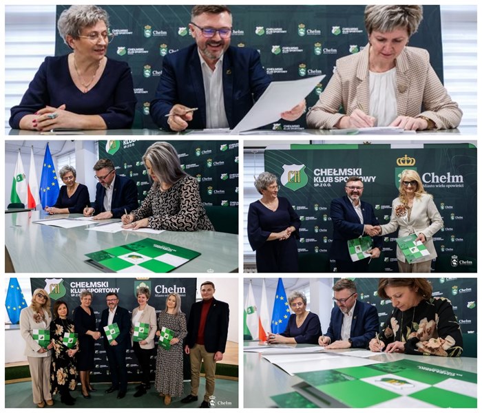 Na zdjęciach przedstawiono dyrektorów lokalnych szkół oraz przedstawicieli Chełmskiego Klubu Sportowego podczas podpisywania dokumentów przy stole konferencyjnym. Wśród uczestników wydarzenia obecna jest również Pani Wiceprezydent Miasta Chełm.