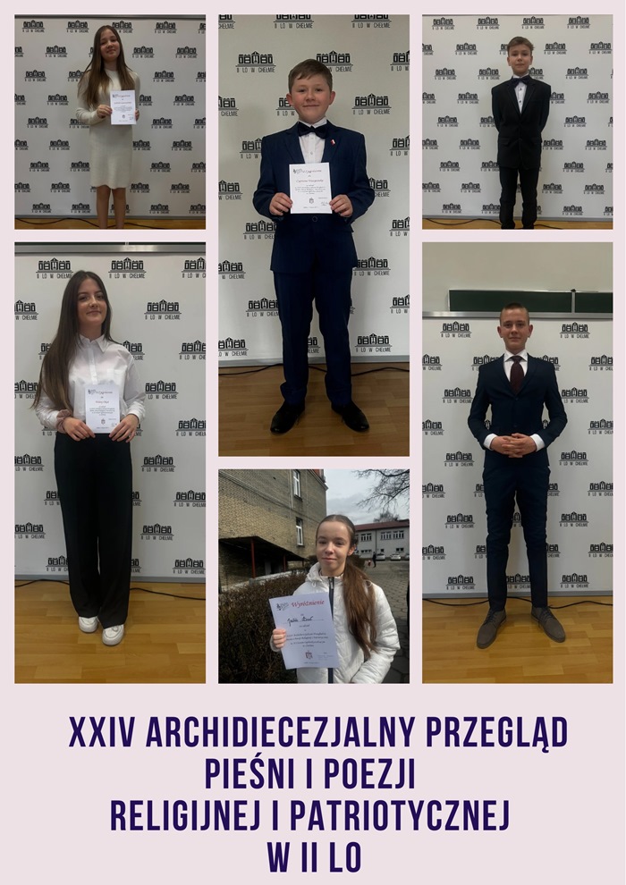 Kolaż przedstawia uczniów w strojach galowych, którzy pozują do zdjęć po zakończonym występie. Każdy uczestnik został uwieczniony indywidualnie – niektórzy trzymają w rękach dyplomy za udział w konkursie. 