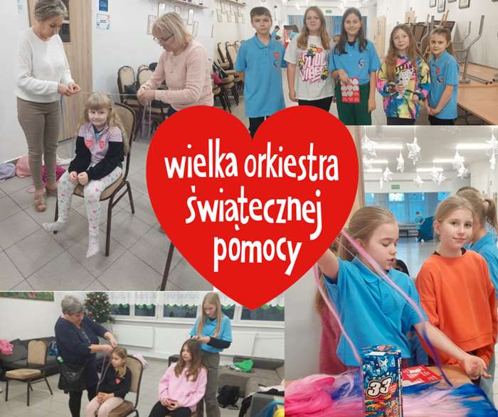 Kolaż zdjęć ukazuje uczniów i wychowawców klas młodszych przy wyplataniu kolorowych warkoczyków. W środku kolażu znajduje się czerwone serce z napisem: Wielka Orkiestra Świątecznej Pomocy.