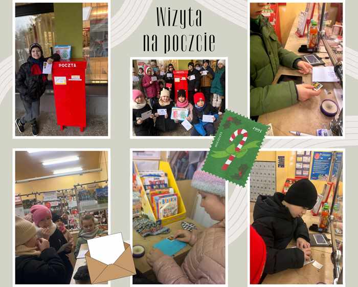 Kolaż zdjęć ukazujący uczniów klasy 3c z wizytą na poczcie. Na zdjęciach uczniowie uczą się nadawać list, przyklejać we właściwym miejscu znaczek pocztowy. Środkowe zdjęcie ukazuje uczniów pozujących z kopertami przy skrzynce pocztowej.