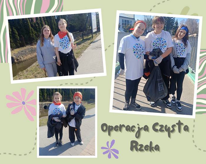 Uczennice promujące akcję “Operacja Czysta Rzeka”. Dziewczęta są ubrane w jednakowe koszulki  i w rękawiczki, zbierają śmieci.