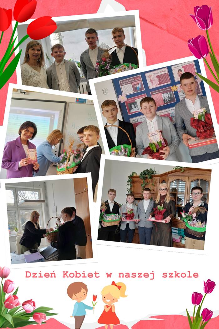 Plakat przedstawiający chłopców z naszej szkoły rozdających paniom upominki w postaci kwiatów z okazji Dnia Kobiet.