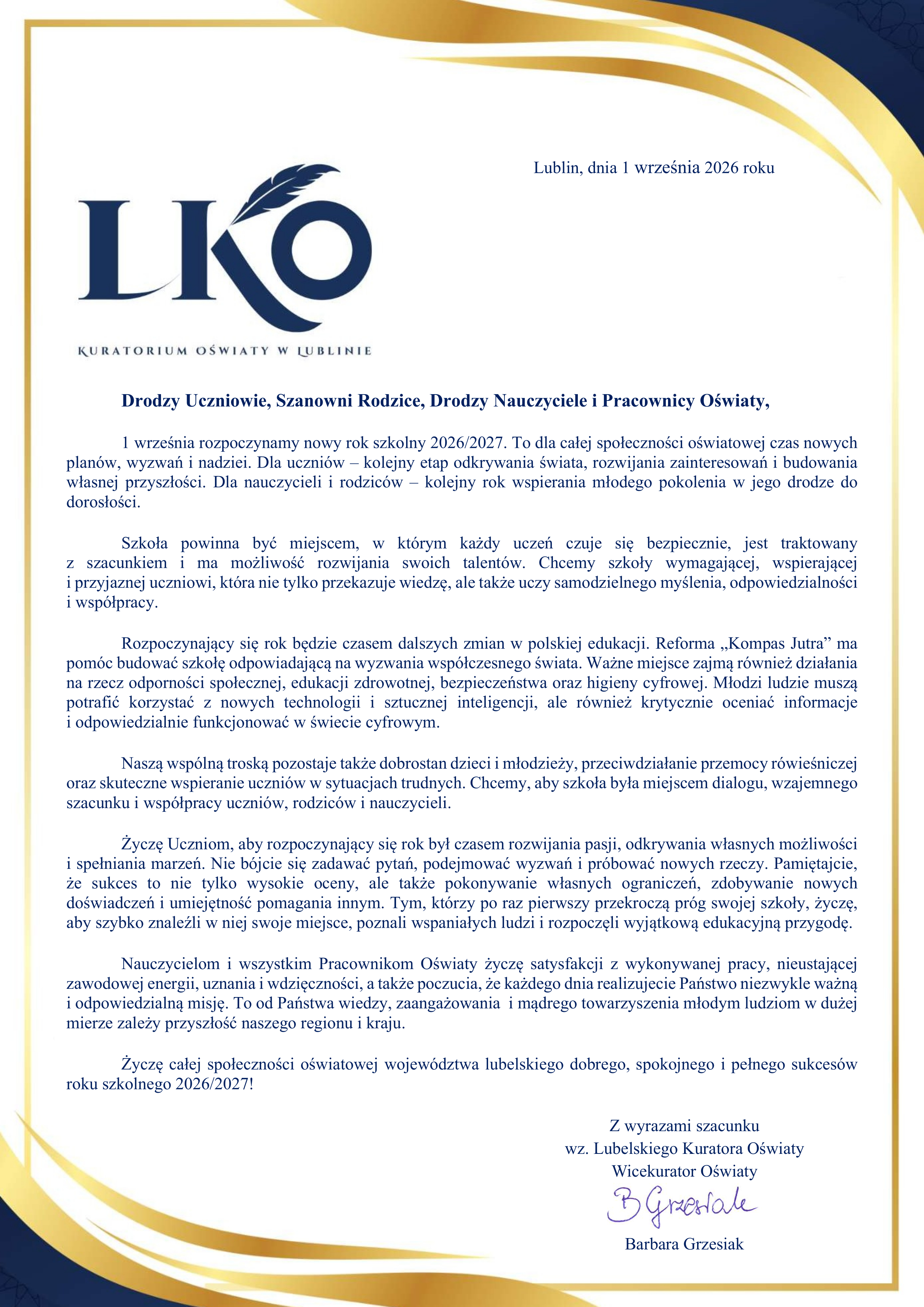 list lubelskiego kuratora oswiaty na rozpoczecie roku szkolnego 2026 2027