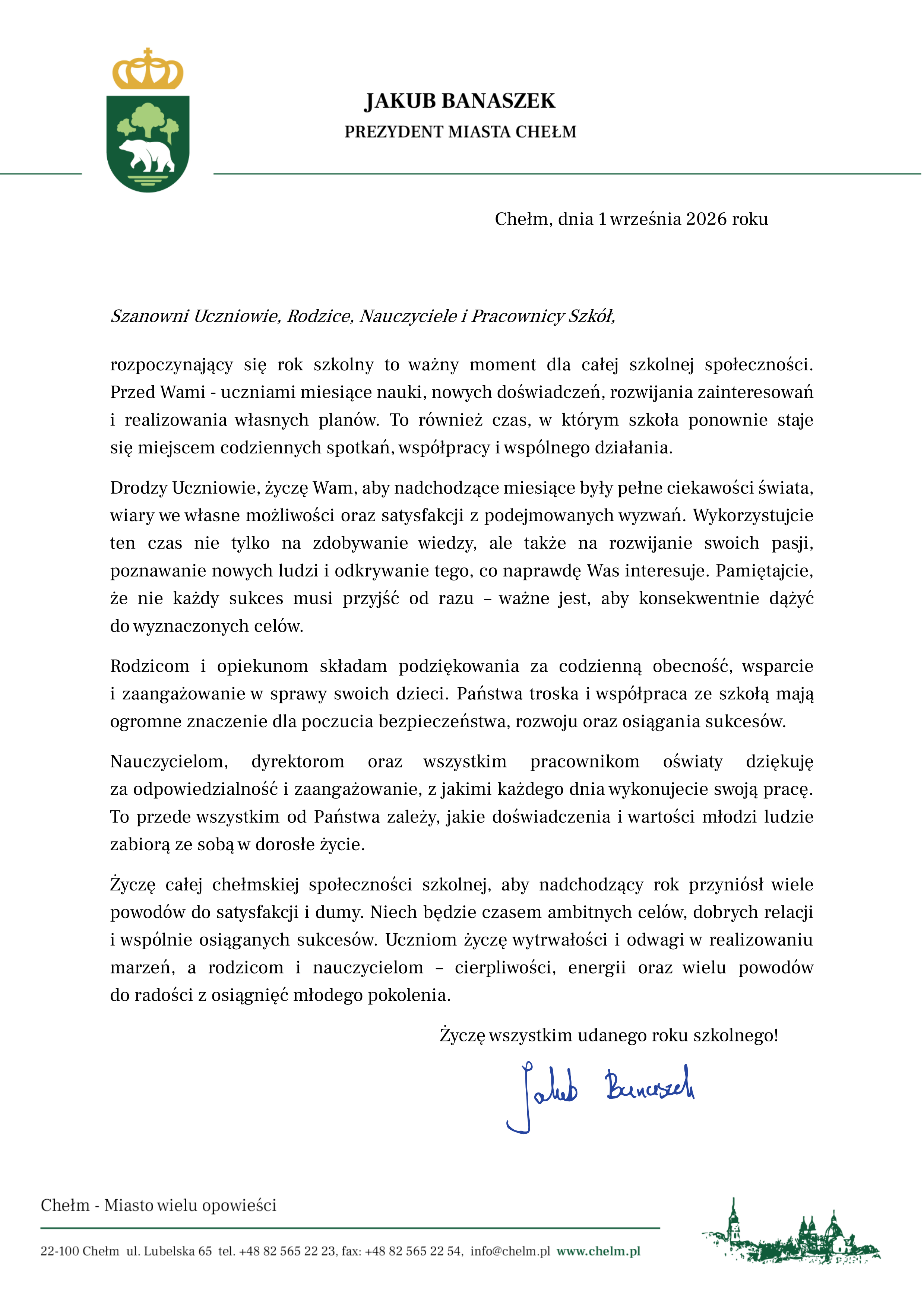 list pana prezydenta miasta chelm z okazji rozpoczecia roku szkolnego 2026 2027