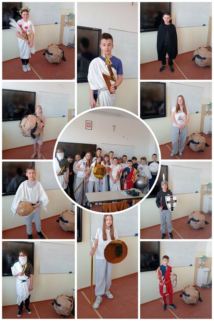 Kolaż zdjęć z projektu „Mitologiczni bohaterowie opowiadają” przedstawia uczniów klasy VB przebranych za różne postacie ze starożytnej mitologii, wraz z ich charakterystycznymi atrybutami. Projekt łączy naukę z kreatywną zabawą.