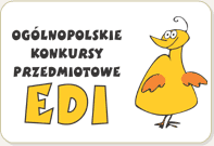 Animacyjny plakat przedstawiający kurczaka i napis: ,,Ogólnopolskie konkursy przedmiotowe Edi’’