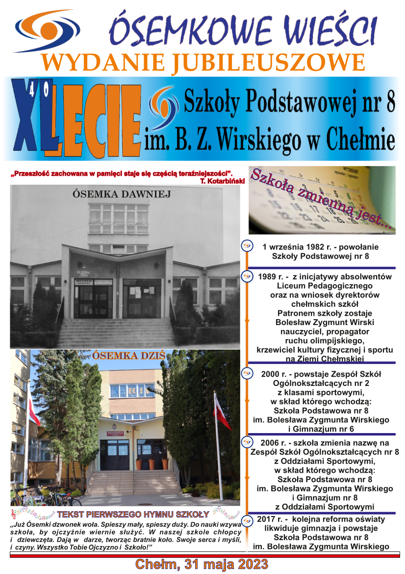 Zdjęcie pierwszej strony jubileuszowego wydania gazetki szkolnej ,,Ósemkowe wieści’’.