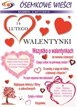 Pierwsza strona gazetki szkolnej o tematyce walentynkowej.